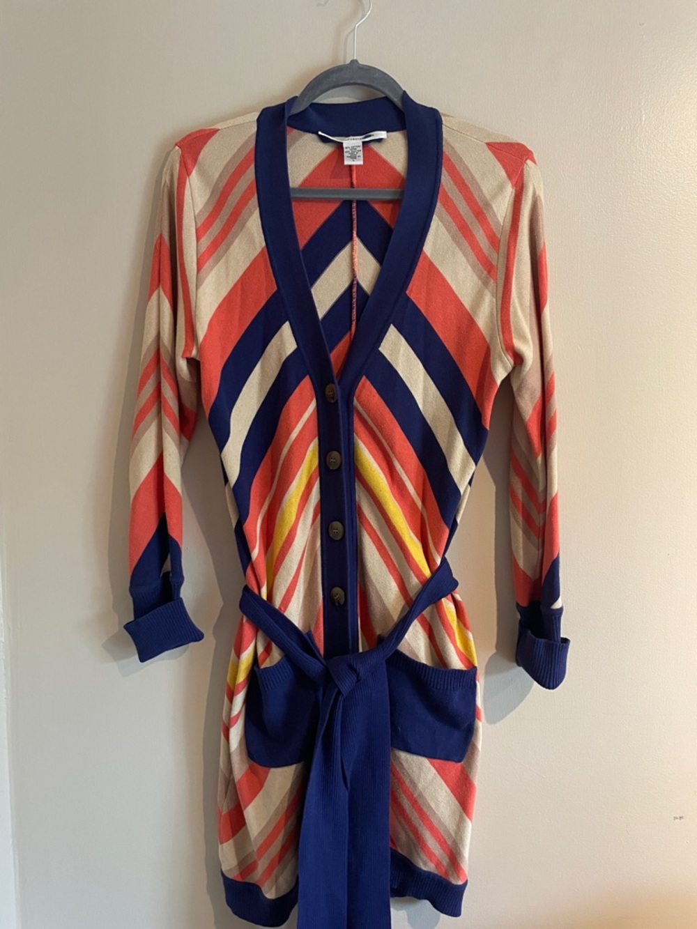 Diane Von Furstenberg Striped V-Neck Belted Knit Cardigan- Navy, Coral & Cream
